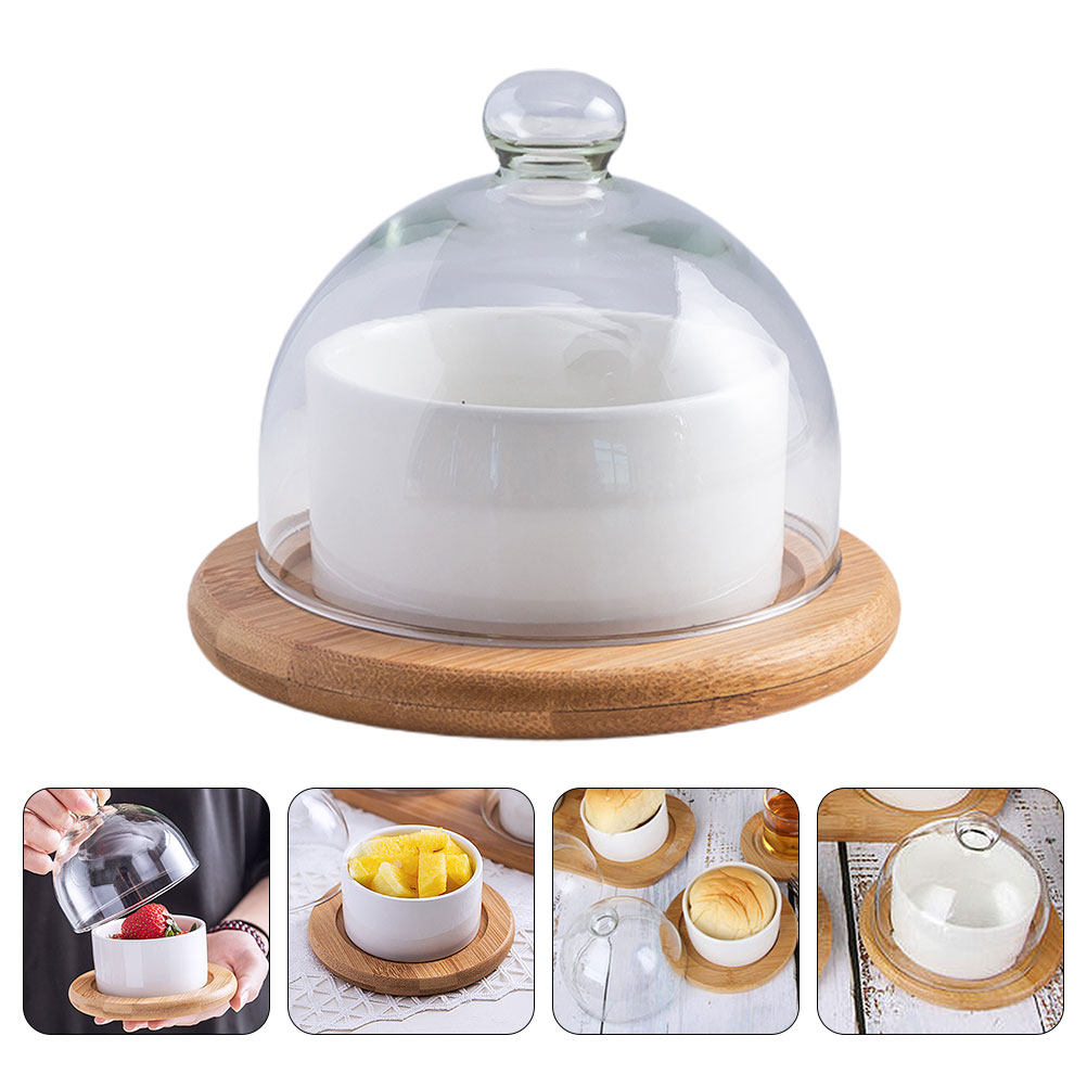 Plastic Dome Clear - Keramische saladeschaalset met glazen deksel, houten
